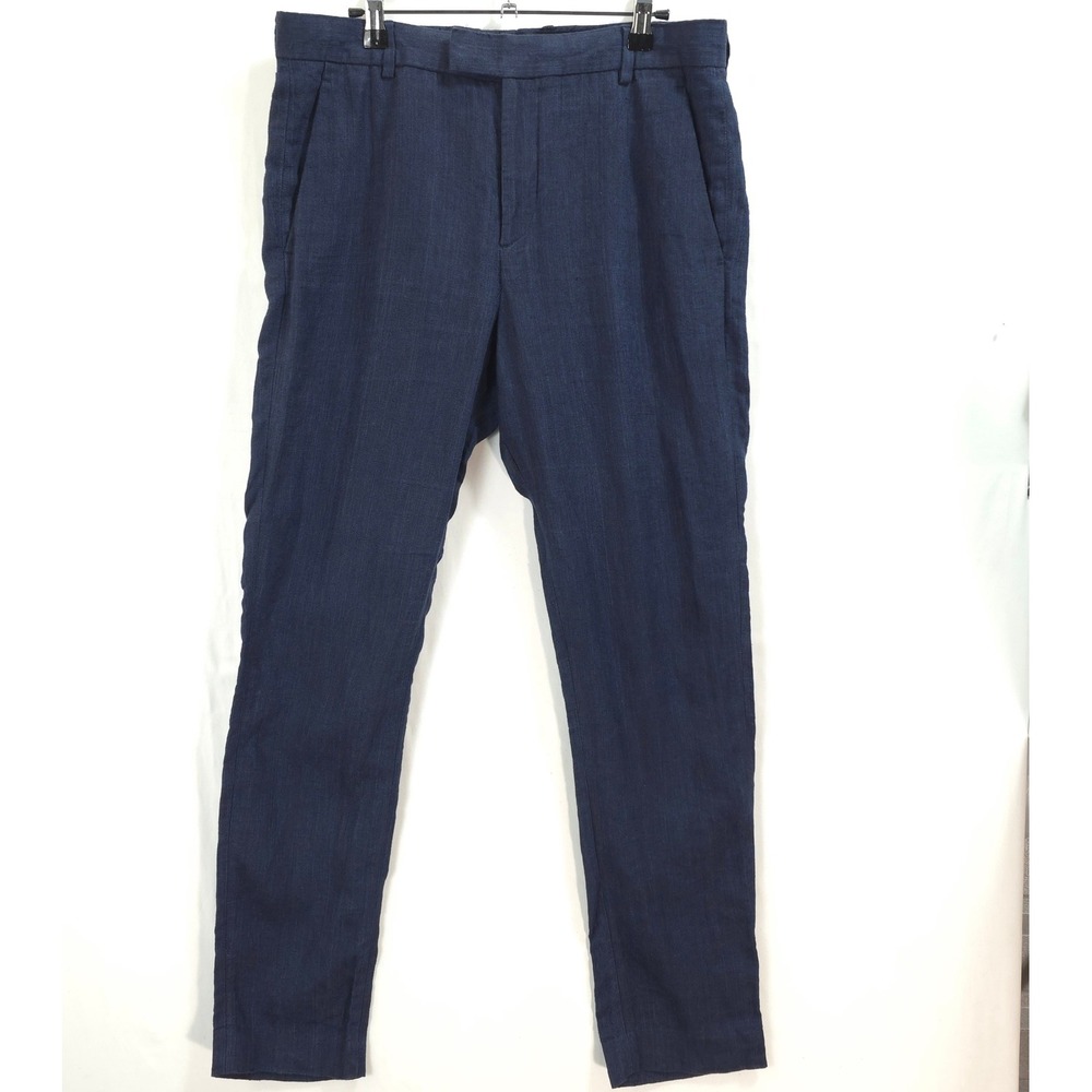 H&M Linen Trousers Men 33R Slim Fit Navy Blue Neutral Coastal Summer Chino Pants
